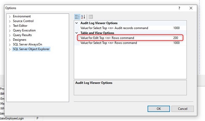 SQL Server’da Edit Top 200 Rows Satır Sayısını Değiştirme